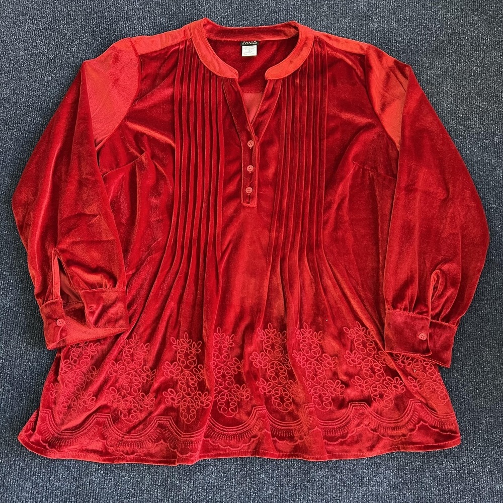 Salon Studio Blouse Womens Large Red Velvet Pleated Embroidered Henley Tunic Top
